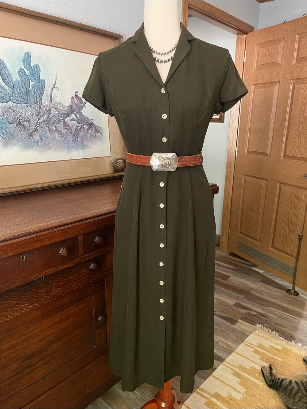 Vtg RL 8P Olive Green Silk A-line Dress button down
